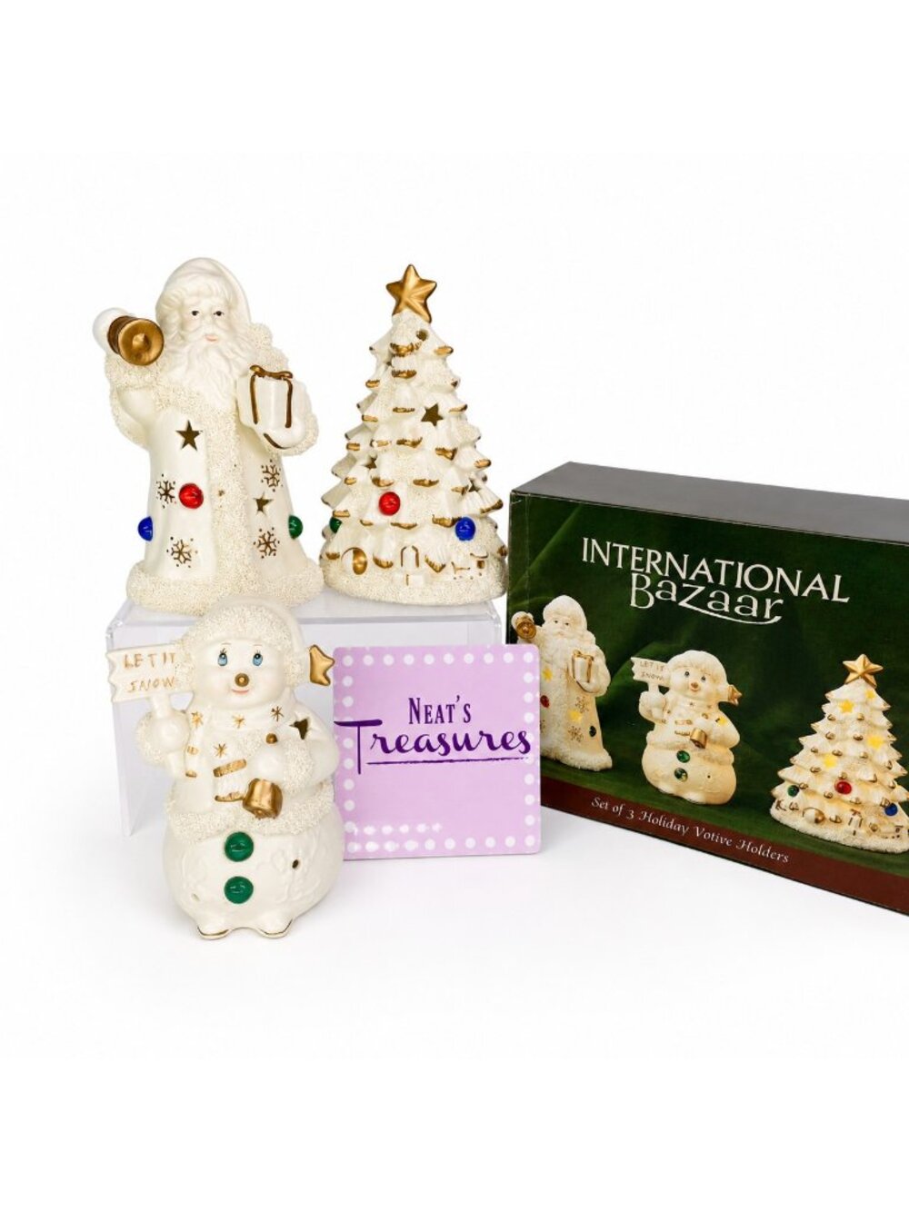 International Bazaar TREE SANTA SNOWMAN Holiday Votive Candle Holders Set of 3